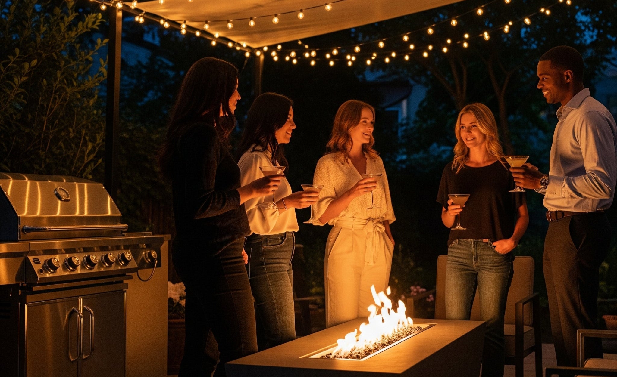 People socializing around a fire pit under string lights on a patio