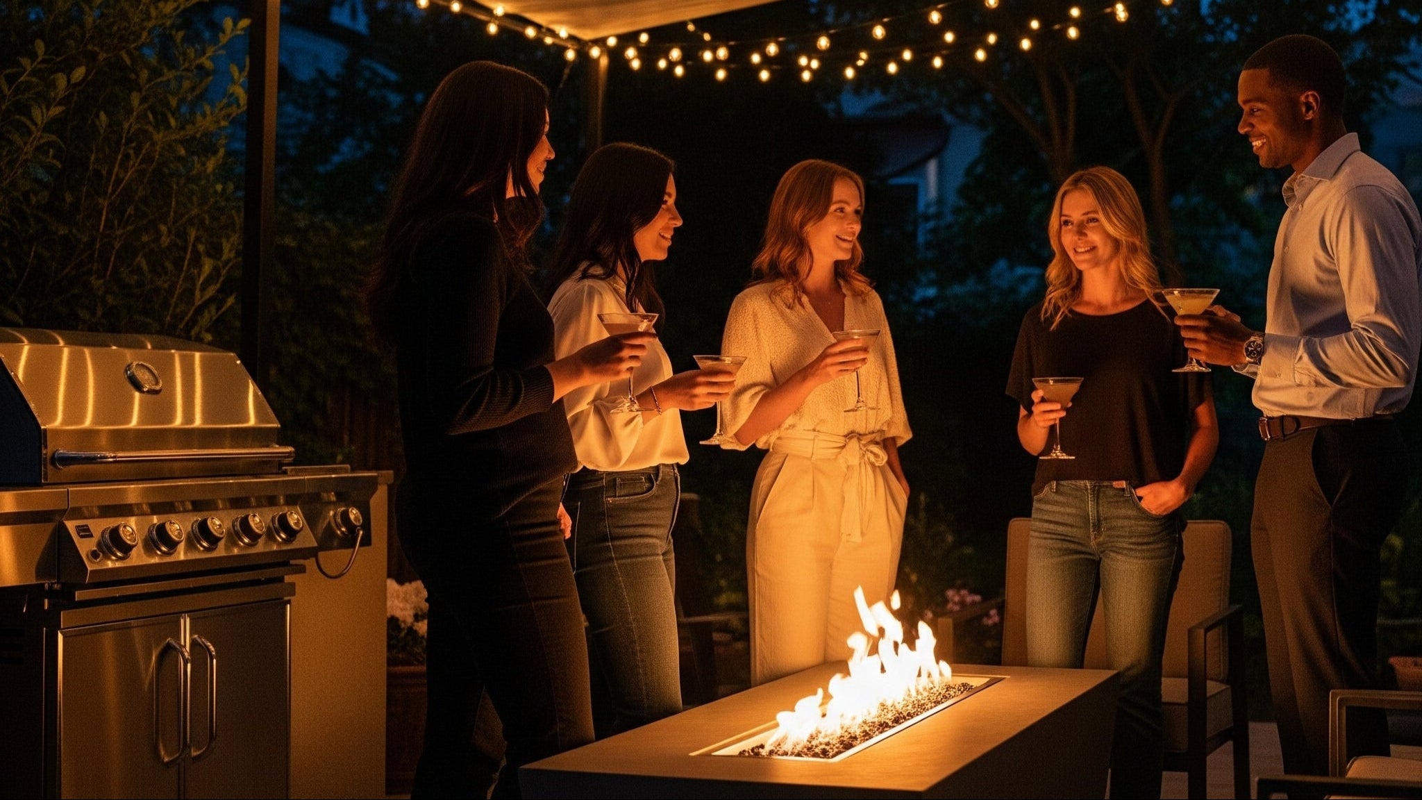 People socializing around a fire pit under string lights on a patio