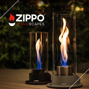 Silver spiral fire feature with 350g gel fuel, by Zippo, ideal for outdoor ambiance and gatherings.