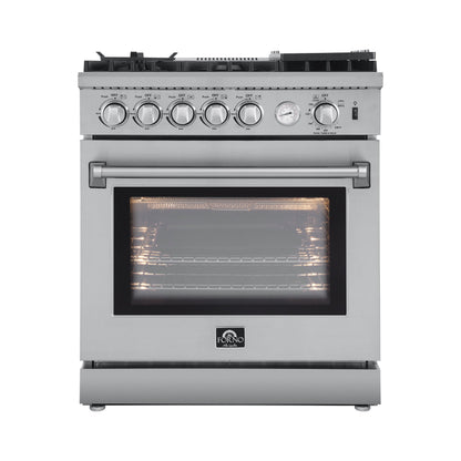 Forno 3-Piece Appliance Package - 30-Inch Gas Range with Air Fryer, 36-Inch Refrigerator & Wall Mount Hood in Stainless Steel - APR3-6276-30-H