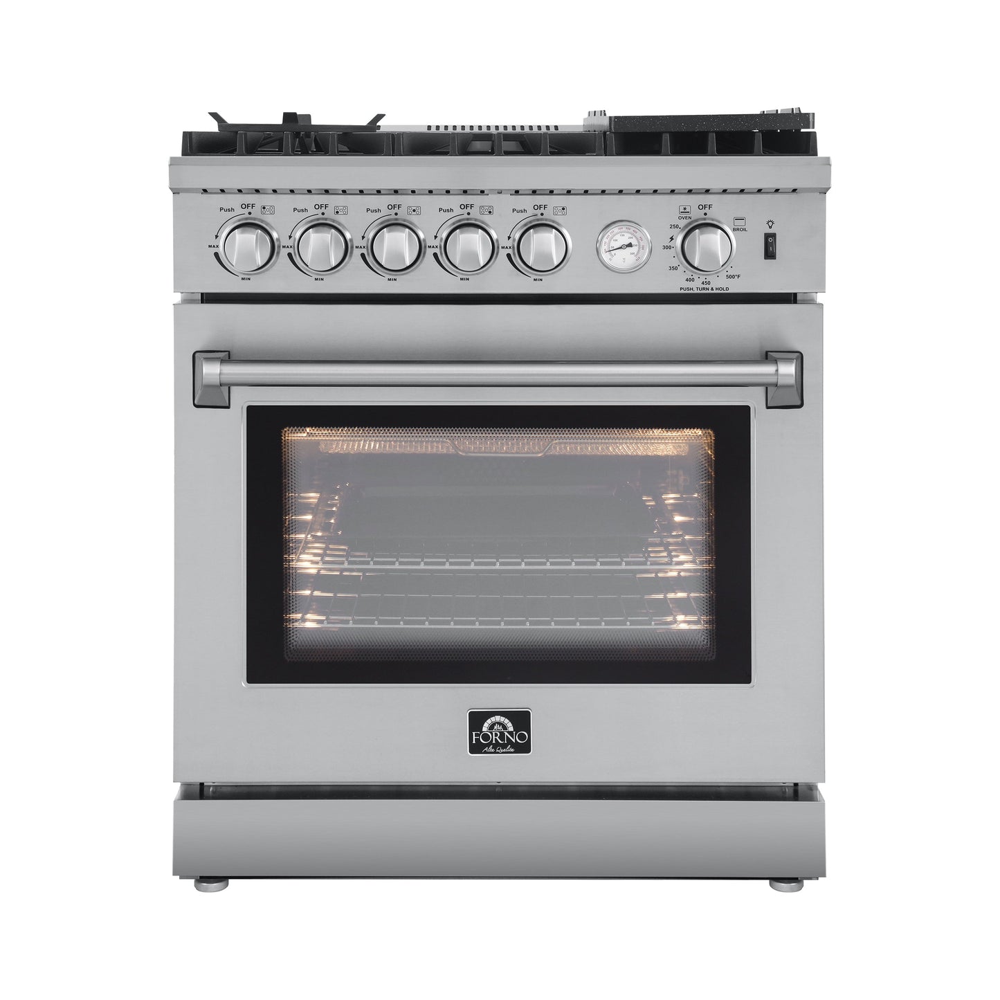 Forno 4-Piece Appliance Package - 30-Inch Gas Range with Air Fryer, Refrigerator, Wall Mount Hood, & 3-Rack Dishwasher in Stainless Steel - APR4-6276-30-H