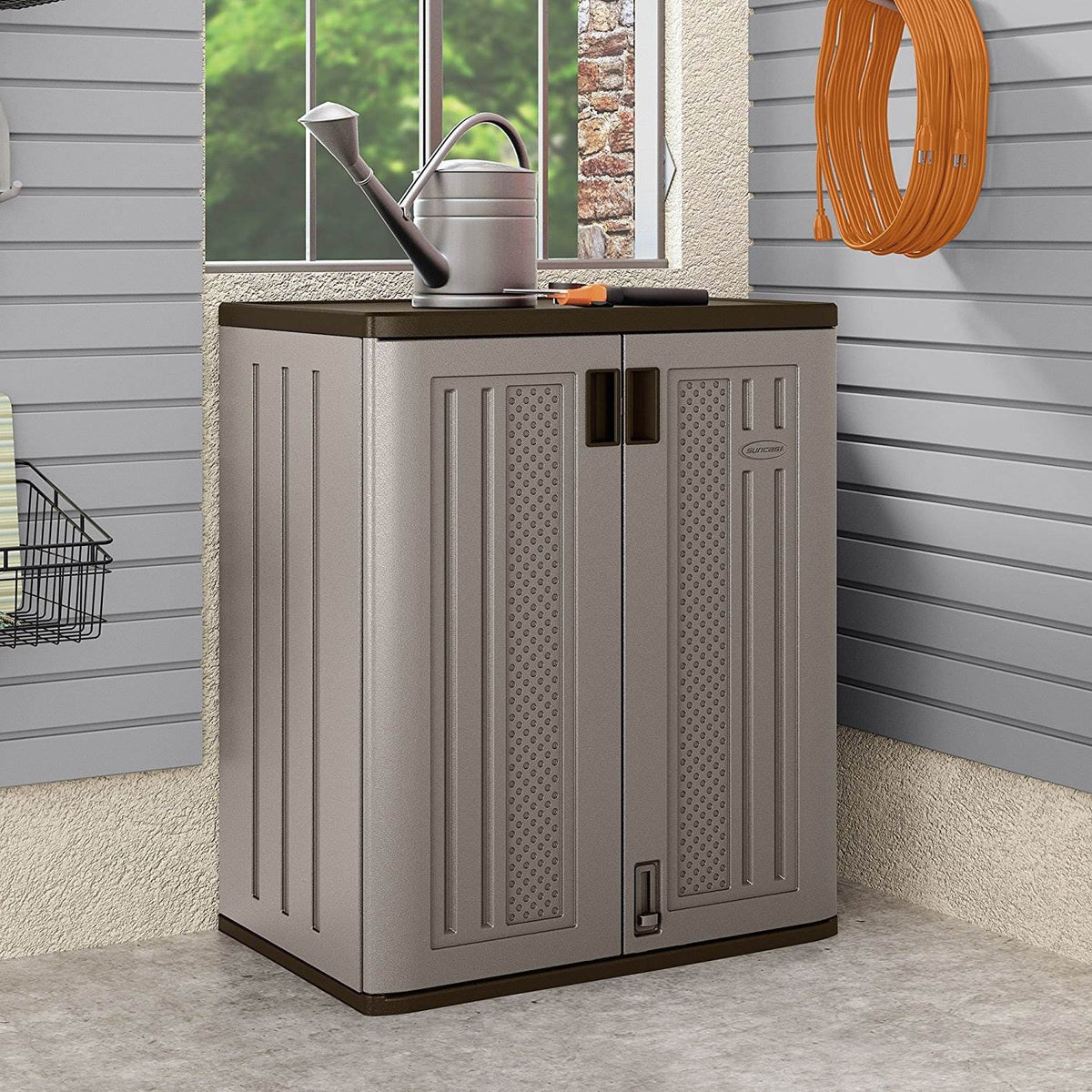 Suncast 9 Cu Ft Heavy Duty Resin Garage Base Storage Cabinet, Platinum (6 Pack) - 120281