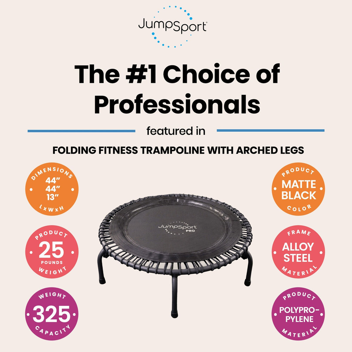 Disc-O-Bed JumpSport 550f PRO Indoor Lightweight 44 Inch Folding Fitness Trampoline, Black - 168419