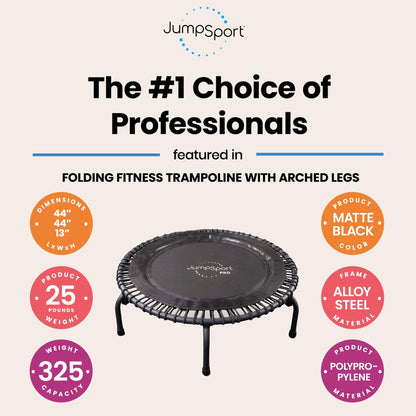 Disc-O-Bed JumpSport 550f PRO Indoor Lightweight 44 Inch Folding Fitness Trampoline, Black - 168419