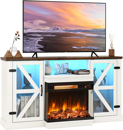 Tangkula 58” Fireplace TV Stand with 23” 3-Side Glass Electric Fireplace - HV10481WH+FP10806US-BK