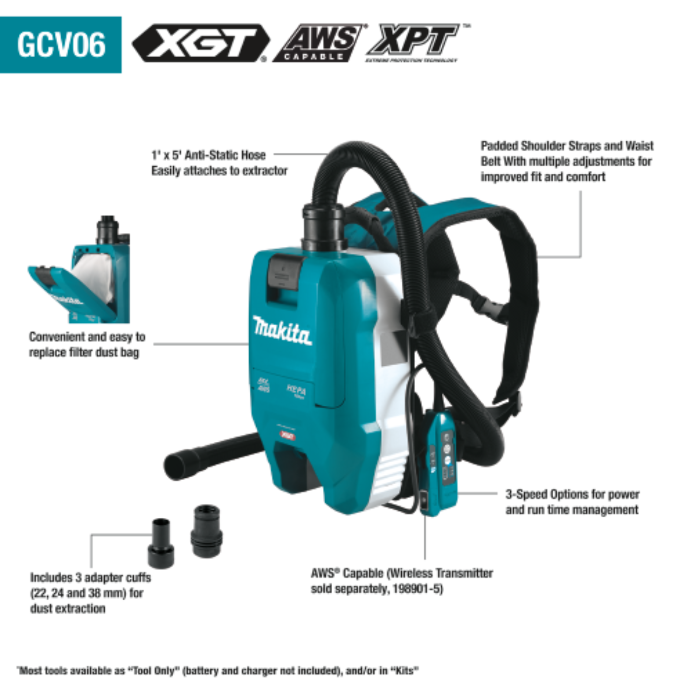 Makita 40V max XGT Brushless Cordless 1/2 Gallon HEPA Filter Backpack Dry Dust Extractor Kit, AWS Capable (5.0Ah) - GCV06T1