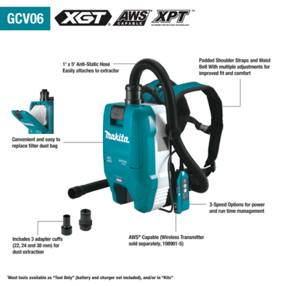 Makita 40V max XGT Brushless Cordless 1/2 Gallon HEPA Filter Backpack Dry Dust Extractor Kit, AWS Capable (5.0Ah) - GCV06T1