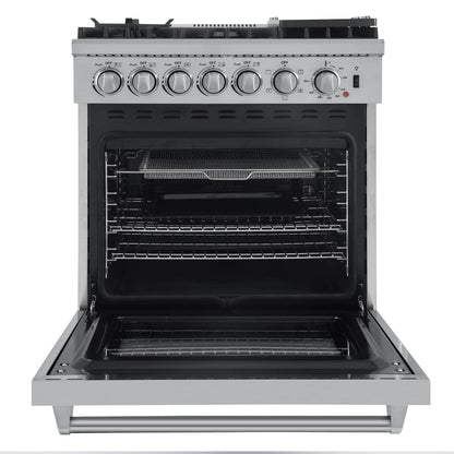 Forno 4-Piece Appliance Package - 30-Inch Dual Fuel Range with Air Fryer, Refrigerator, Wall Mount Hood, & 3-Rack Dishwasher in Stainless Steel - APR4-6196-30-H