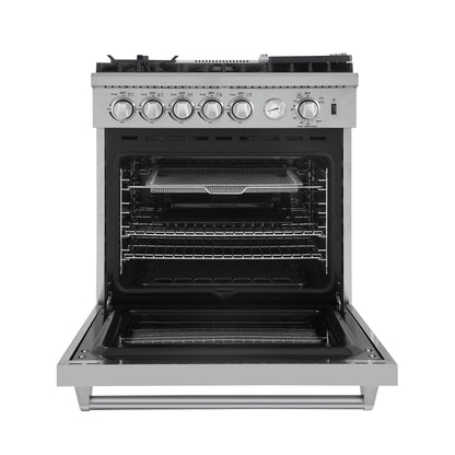 Forno 5-Piece Appliance Package - 30-Inch Gas Range with Air Fryer, Refrigerator with Water Dispenser, Wall Mount Hood, 24-Inch Microwave Drawer, & 3-Rack Dishwasher in Stainless Steel - APW5-6276-30-H-MWD
