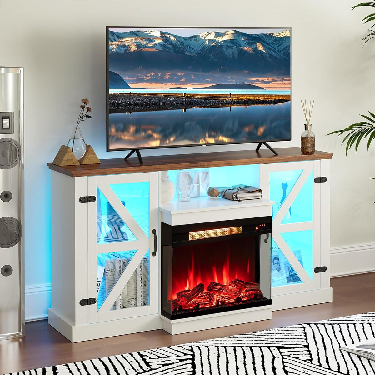 Tangkula 58” Fireplace TV Stand with 23” 3-Side Glass Electric Fireplace - HV10481WH+FP10806US-BK