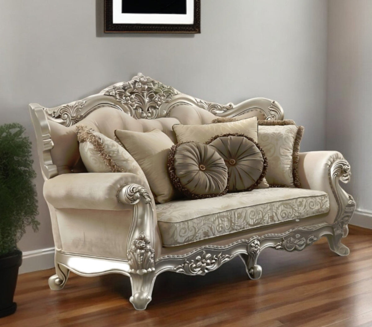 Modway Furniture 88" Champagne Velvet Curved Floral Sofa with Toss Pillows - Luxurious Comfort & Elegant Design - 348214-HOMEROOTS