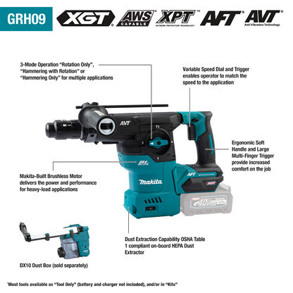 Makita 40V max XGT Brushless Cordless 1‑3/16" SDS‑PLUS AVT Rotary Hammer Kit, with Interchangeable Chuck, AWS Capable (4.0Ah) & FREE Makita GRH07ZW - GRH09M1