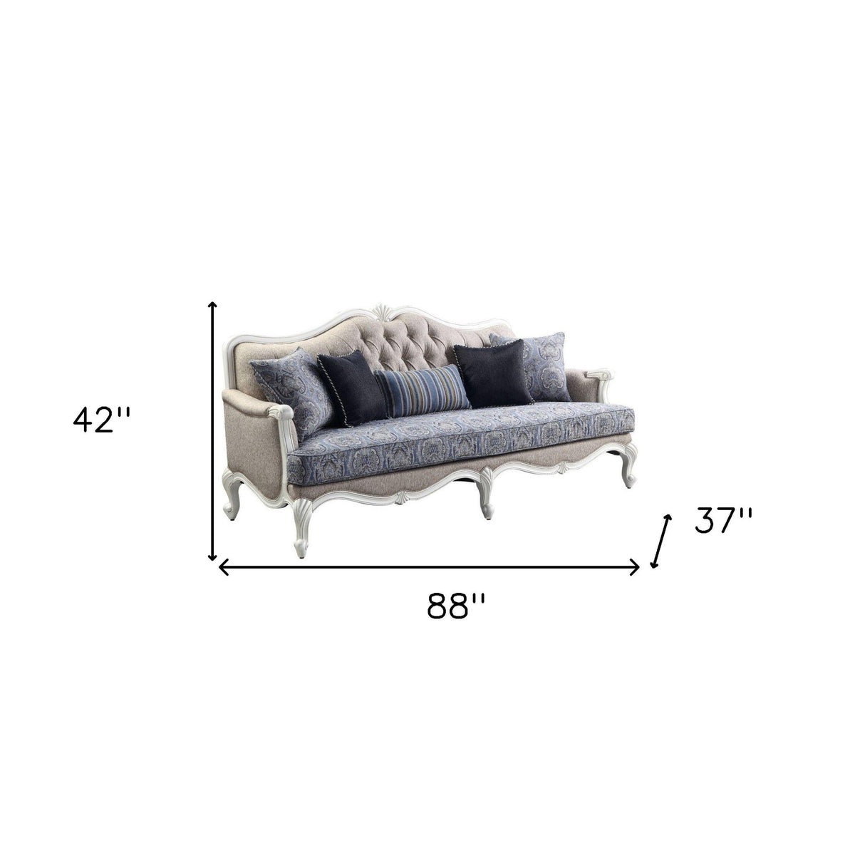 Modway Furniture 88" Cream Linen Damask Sofa with White Legs & Toss Pillows - Stylish Comfort for Any Living Room - 491311-HOMEROOTS