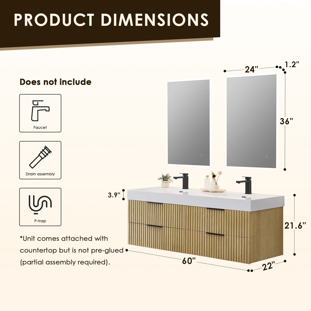 Altair Designs 60" double vanity with top  - 563060-NB-WH-NM