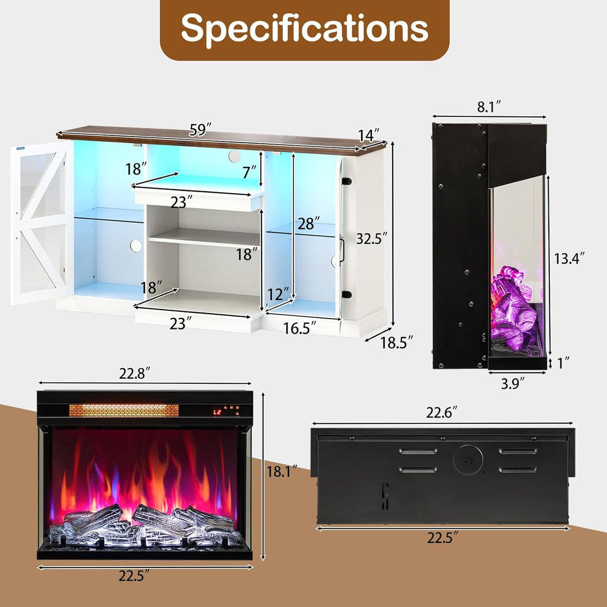 Tangkula 58” Fireplace TV Stand with 23” 3-Side Glass Electric Fireplace - HV10481WH+FP10806US-BK