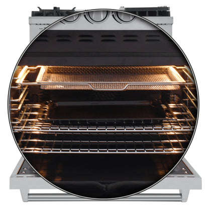 Forno 5-Piece Appliance Package - 30-Inch Gas Range with Air Fryer, Refrigerator, Wall Mount Hood, 24-Inch Microwave Drawer, & 3-Rack Dishwasher in Stainless Steel - APR5-6276-30-H-MWD