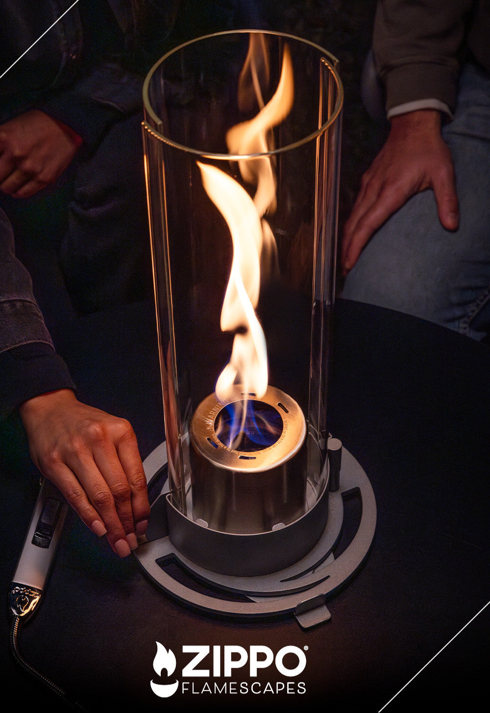 Zippo Flamescapes product with flames on a dark background