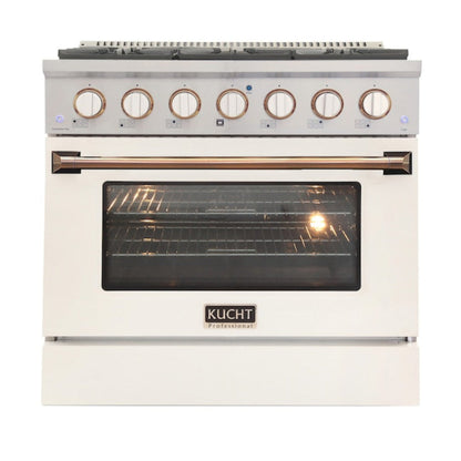 Kucht Signature 36 In. 5.2 cu ft. Propane Gas Range with White Door and Gold Accents -  KNG361/LP-W-GOLD