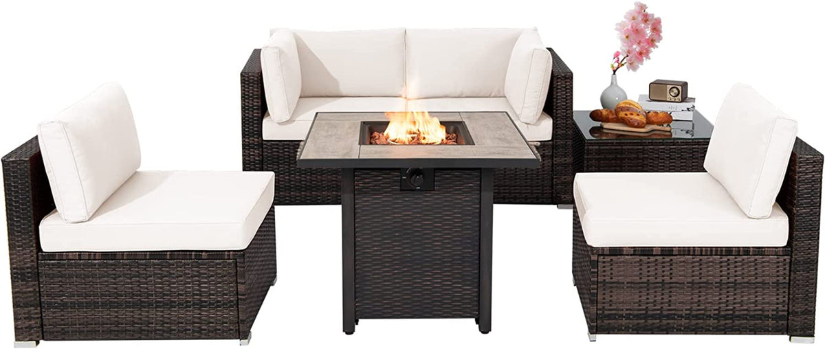 Tangkula 6 Piece Outdoor Rattan Sofa Set with 30in Propane Gas Fire Table - OP70520+HW68691ADK+