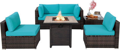 Tangkula 6 Piece Outdoor Rattan Sofa Set with 30in Propane Gas Fire Table - OP70520+HW68691ADK+
