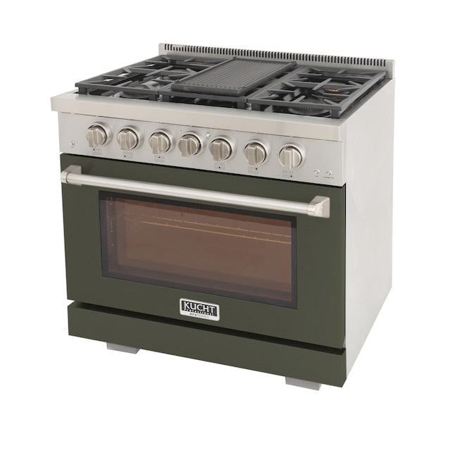 Kucht Professional 36" 5.2 cu. ft. Propane Gas Range in Olive Green with Silver Accents, KFX360/LP-G - KFX360/LP-G