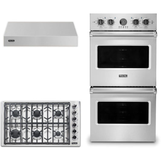 Viking 3-Piece Package 36 Inch Professional 5 Series Gas Cooktop and 27 Inch Double Convection Electric Wall Ove and 36 Inch Wall Mount Range Hoo - VDOE527SS