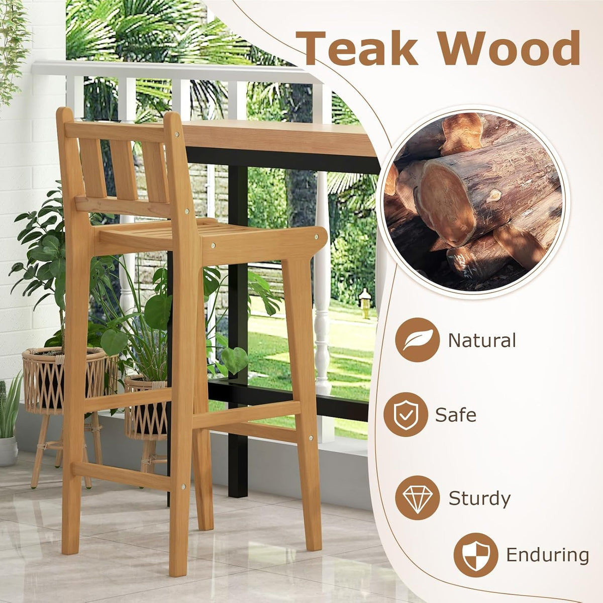 Tangkula Teak Wood Bar Stool, 30” Bar Chair with Footrest & Backrest - 4*JV11896