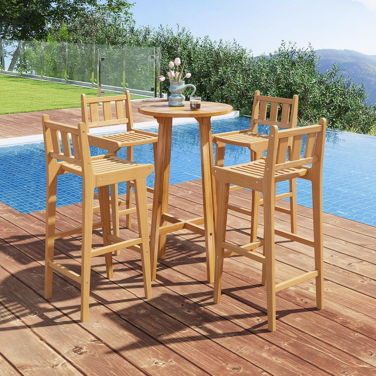 Tangkula Teak Wood Bar Stool, 30” Bar Chair with Footrest & Backrest - 4*JV11896