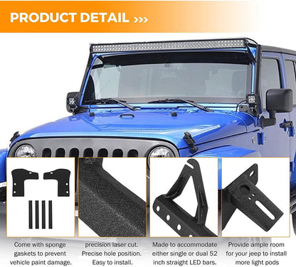 Auxbeam  07-17 Jeep JK - Mega Bundle, 7" LED Halo Headlights,52" 300W Straight LED Light Bar&Windshield Mounting Brackets, 18W Pods light - GP00007587