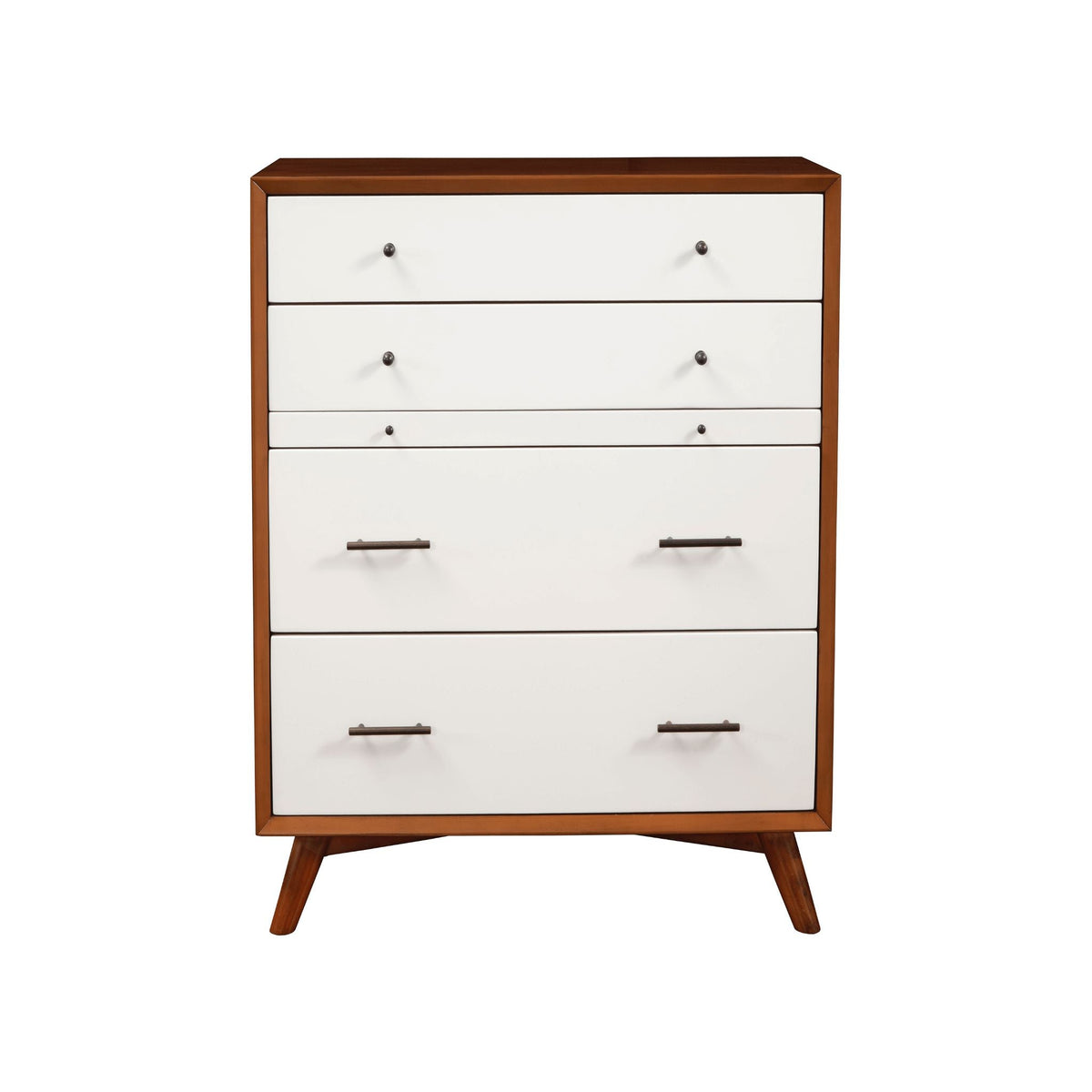 Alpine Flynn Mid Century Modern 4 Drawer Two Tone Multifunction Chest w/Pull Out Tray, Acorn/White - 999-05
