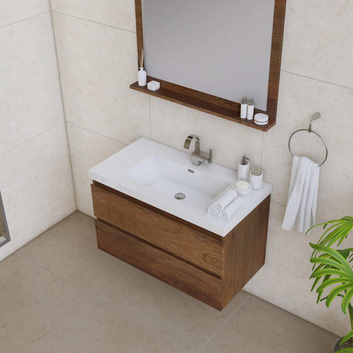 Alya Bath Paterno 36" Single Rosewood Modern Wall Mounted Bathroom Vanity With Acrylic Top and Integrated Sink - AB-MOF36-RW