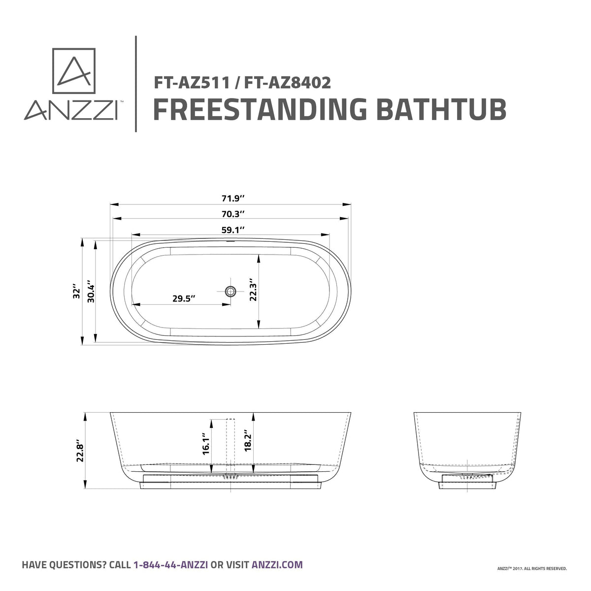 Anzzi Badi 5.9 ft. Solid Surface Center Drain Freestanding Bathtub in Matte White FT-AZ8402 - FT-AZ8402