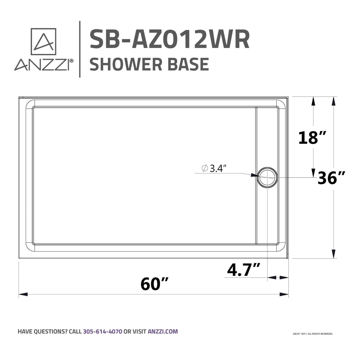 Anzzi Field Series 60 in. x 36 in. Shower Base in White SB-AZ012WR - SB-AZ012WR