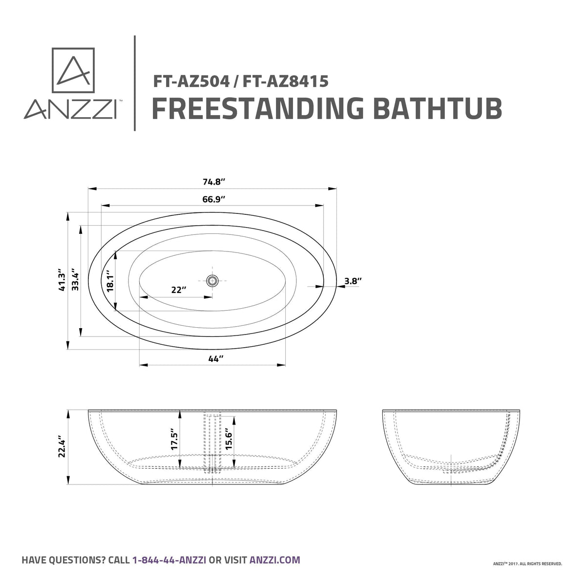 Anzzi Kekehun 6.3 ft. Solid Surface Center Drain Freestanding Bathtub in Matte White FT-AZ8415 - FT-AZ8415