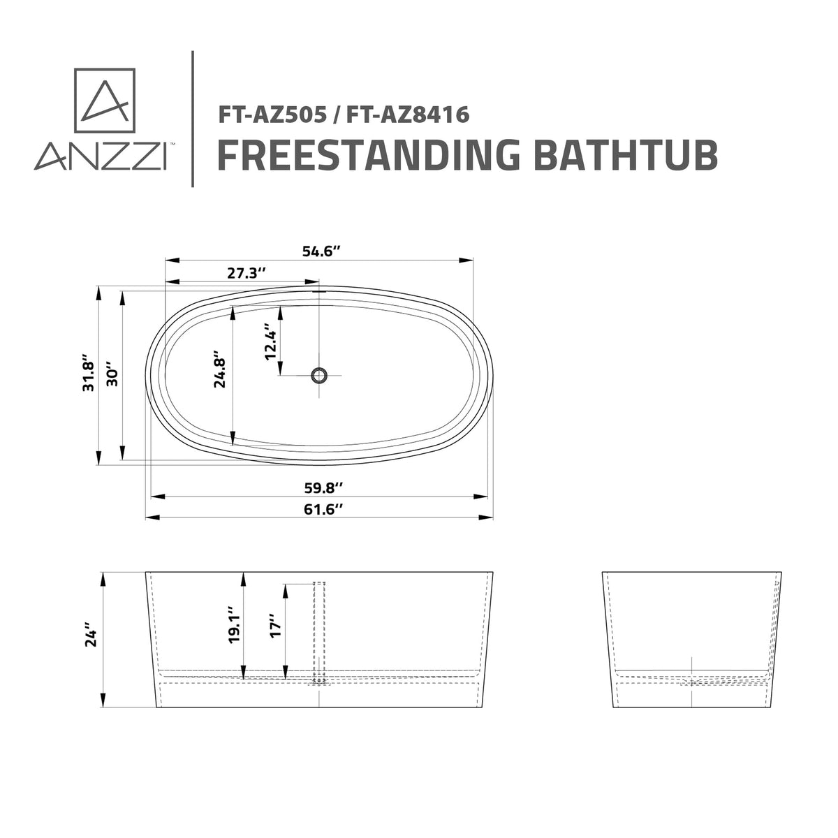 Anzzi Roccia 5.1 ft. Solid Surface Center Drain Freestanding Bathtub in Matte White FT-AZ505 - FT-AZ505