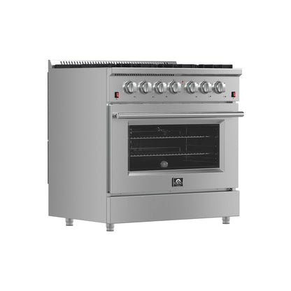 Forno 5-Piece Appliance Package - 36-Inch Gas Range, Wall Mount Range Hood, 60-Inch Refrigerator, Dishwasher, and 30-Inch Microwave Drawer in Stainless Steel - AP5-6244-36-5095-60S-30MD