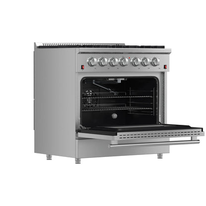 Forno 5-Piece Appliance Package - 36-Inch Gas Range, Wall Mount Range Hood, 36-Inch Refrigerator, Dishwasher, and 30-Inch Microwave Drawer in Stainless Steel - AP5-6244-36-5095-30MD