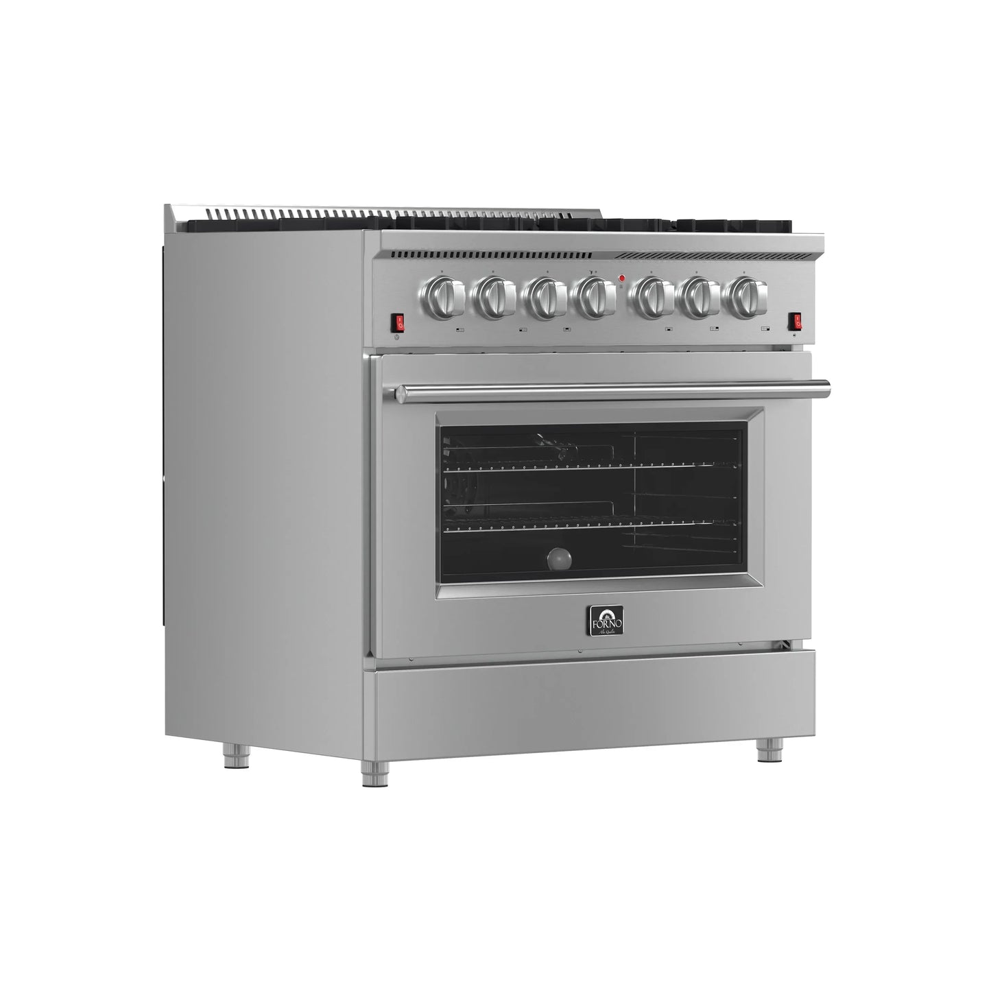 Forno 5-Piece Appliance Package - 36-Inch Gas Range, Wall Mount Range Hood, 36-Inch Refrigerator, Dishwasher, and 30-Inch Microwave Drawer in Stainless Steel - AP5-6244-36-5095-30MD