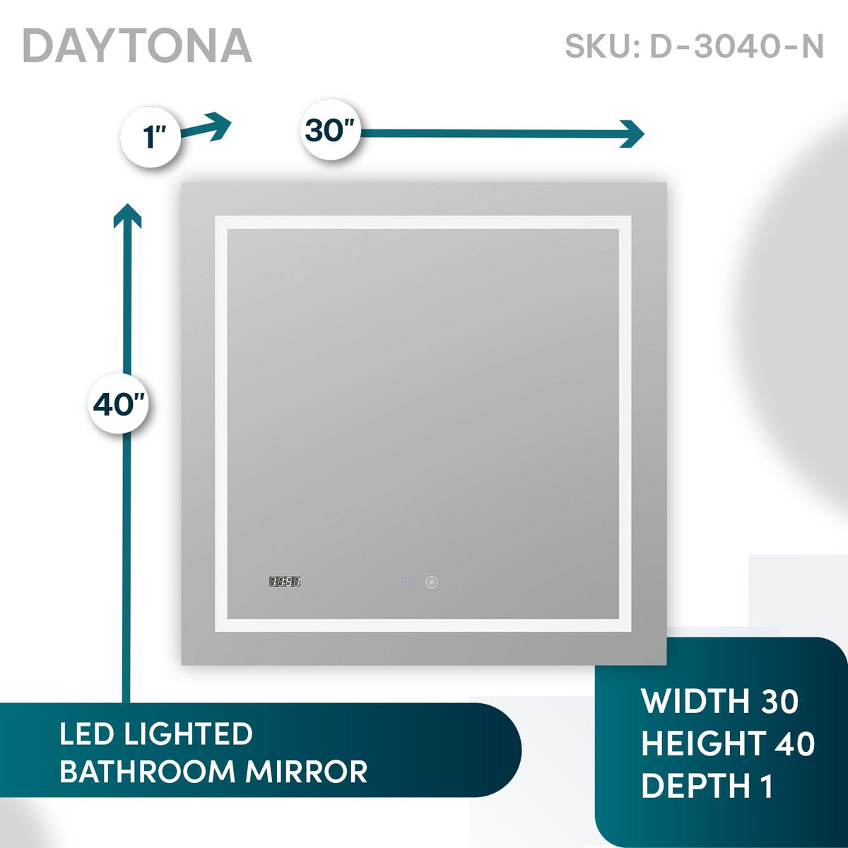 Aquadom Daytona 30" x 40" Rectangle Ultra-Slim Frame LED Lighted Bathroom Mirror With Defogger - D-3040-N