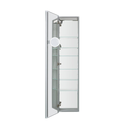 Aquadom Edge Royale 15" x 70" Left Hinged Medicine Cabinet With Lighting, Defogger, Integrated LED 3X Magnifying Mirror, 8mm Clear Adjustable Glass Shelves and Electrical Outlet With USB - ER-1570L-N