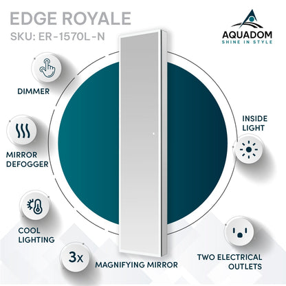 Aquadom Edge Royale 15" x 70" Left Hinged Medicine Cabinet With Lighting, Defogger, Integrated LED 3X Magnifying Mirror, 8mm Clear Adjustable Glass Shelves and Electrical Outlet With USB - ER-1570L-N