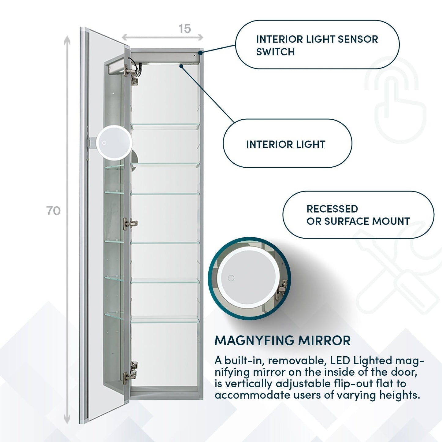 Aquadom Edge Royale 15" x 70" Left Hinged Medicine Cabinet With Lighting, Defogger, Integrated LED 3X Magnifying Mirror, 8mm Clear Adjustable Glass Shelves and Electrical Outlet With USB - ER-1570L-N