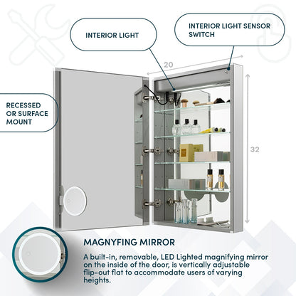 Aquadom Edge Royale 20" x 32" Left Hinged Medicine Cabinet With Lighting, Defogger, Integrated LED 3X Magnifying Mirror, 8mm Clear Adjustable Glass Shelves and Electrical Outlet With USB - ER-2032L-N