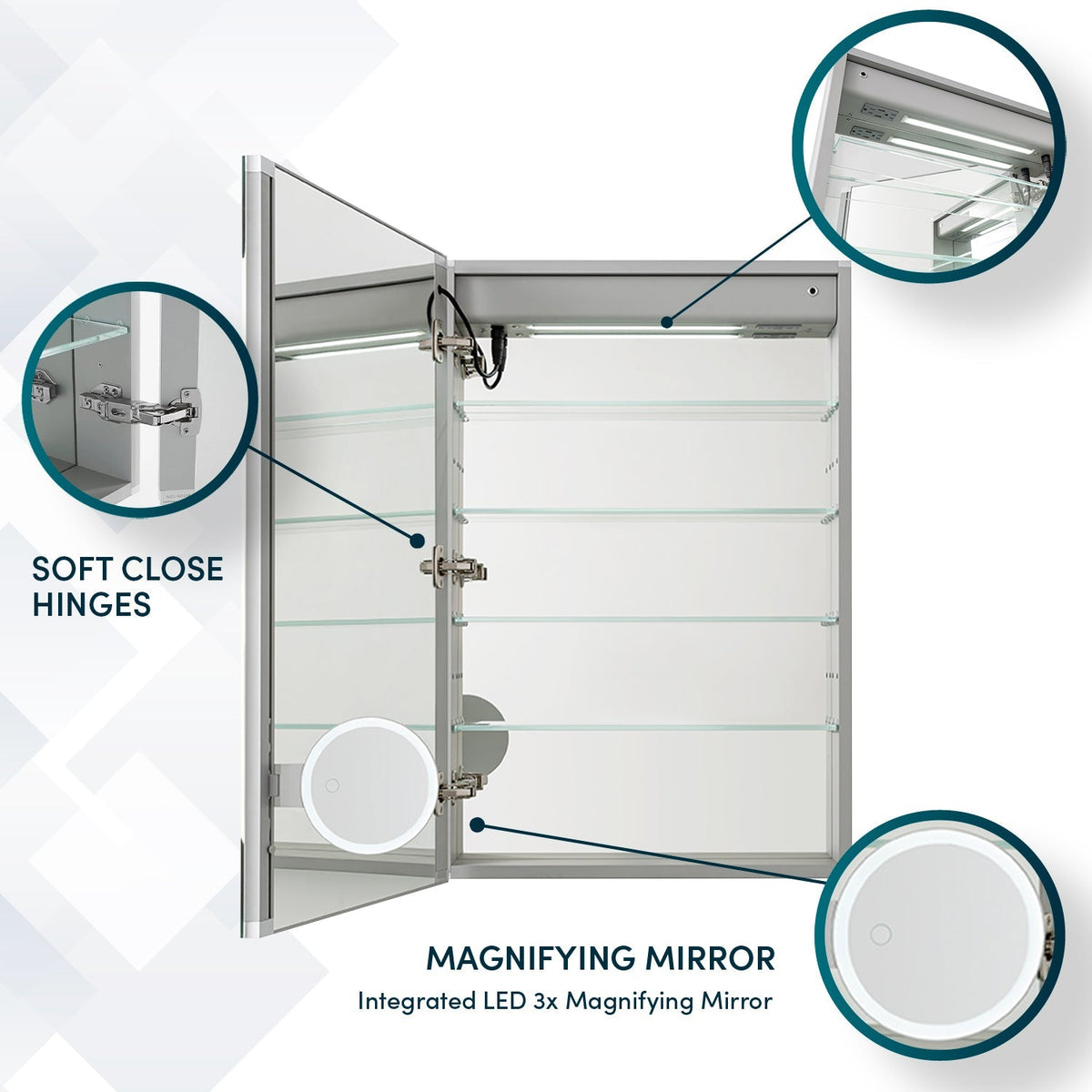 Aquadom Edge Royale 20" x 32" Left Hinged Medicine Cabinet With Lighting, Defogger, Integrated LED 3X Magnifying Mirror, 8mm Clear Adjustable Glass Shelves and Electrical Outlet With USB - ER-2032L-N