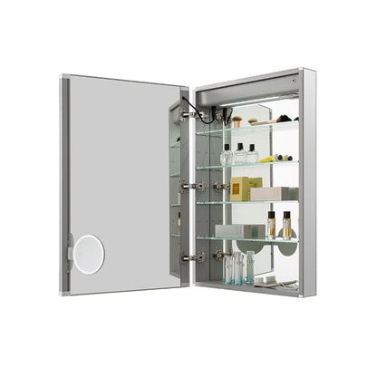Aquadom Edge Royale 20" x 32" Left Hinged Medicine Cabinet With Lighting, Defogger, Integrated LED 3X Magnifying Mirror, 8mm Clear Adjustable Glass Shelves and Electrical Outlet With USB - ER-2032L-N