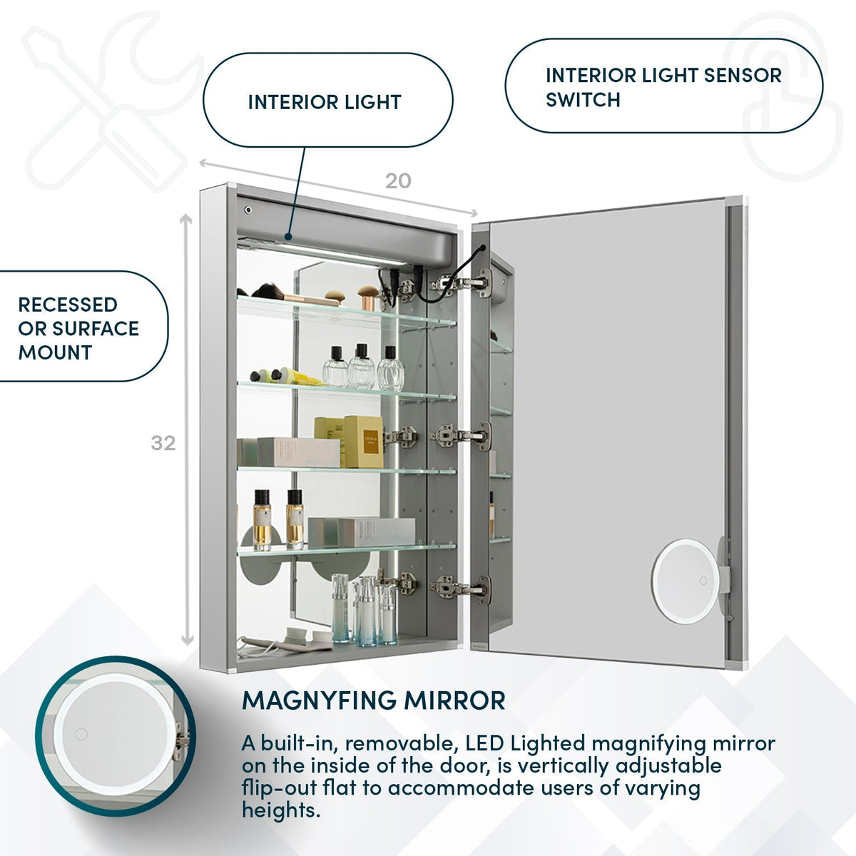 Aquadom Edge Royale 20" x 32" Right Hinged Medicine Cabinet With Lighting, Defogger, Integrated LED 3X Magnifying Mirror, 8mm Clear Adjustable Glass Shelves and Electrical Outlet With USB - ER-2032R-N