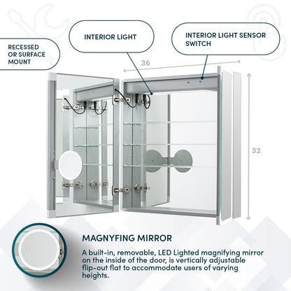 Aquadom Edge Royale 36" x 32" LED Lighted Medicine Cabinet With Defogger, Integrated LED 3X Magnifying Mirror, 8mm Clear Adjustable Glass Shelves and Electrical Outlet With USB - ER-3632-N