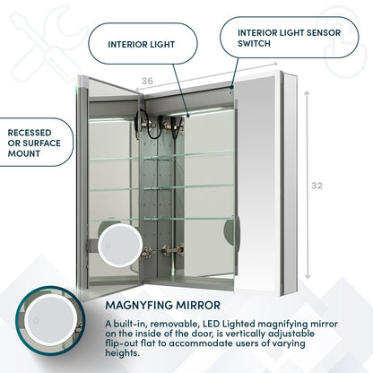 Aquadom Edge Royale 36" x 32" Triple-Door LED Lighted Medicine Cabinet With Defogger, Integrated LED 3X Magnifying Mirror, 8mm Clear Adjustable Glass Shelves and Electrical Outlet With USB - ER3-3632-N