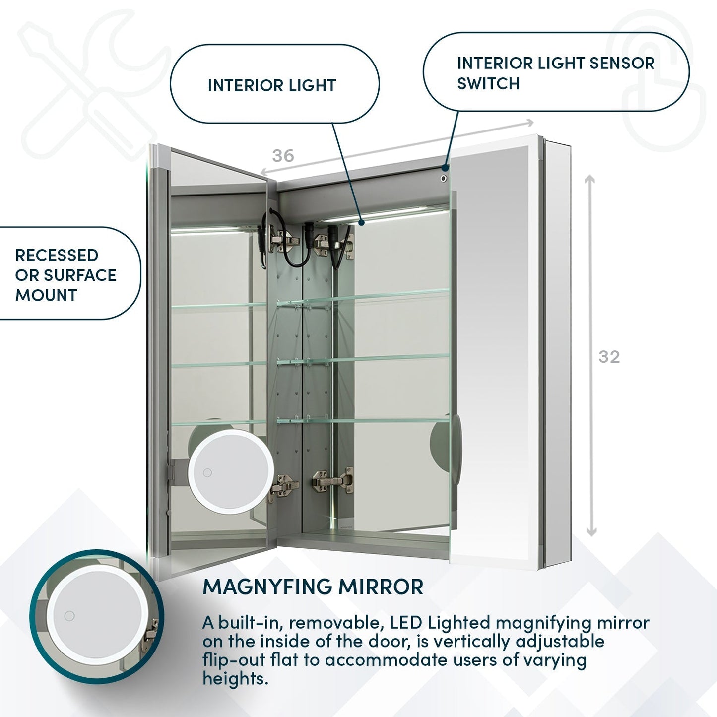 Aquadom Edge Royale 36" x 32" Triple-Door LED Lighted Medicine Cabinet With Defogger, Integrated LED 3X Magnifying Mirror, 8mm Clear Adjustable Glass Shelves and Electrical Outlet With USB - ER3-3632-N
