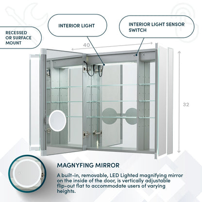 Aquadom Edge Royale 40" x 32" Triple-Door LED Lighted Medicine Cabinet With Defogger, Integrated LED 3X Magnifying Mirror, 8mm Clear Adjustable Glass Shelves and Electrical Outlet With USB - ER3-4032-N